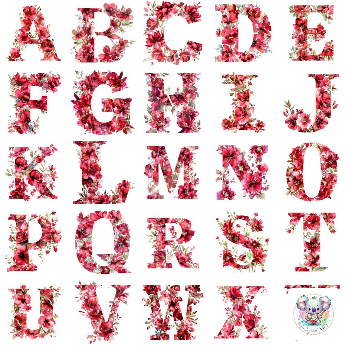 Red Roses Alphabet Clipart: Floral Letters A to Z for Crafts - Etsy