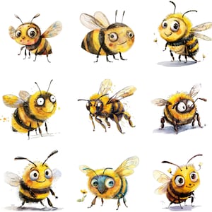 May include: Nine watercolor illustrations of cartoon bees with yellow and black stripes, brown eyes, and smiling faces. The bees are in various poses, some with wings spread and some with wings folded. The background is white.