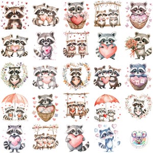 Paquete de imágenes prediseñadas de mapaches de San Valentín: 48 ilustraciones PNG en acuarela: lindos mapaches, corazones, globos, cartas de amor: descarga digital