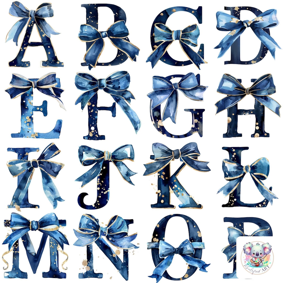 Watercolor Navy Bow Alphabet Clipart: Glitter Letters (digital Download ...