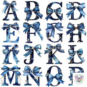 Aquarell Navy Coquette Bow mit Glitzerbuchstaben Clipart Sammlung - 26 hochauflösende Alphabet Illustrationen mit eleganten Bögen