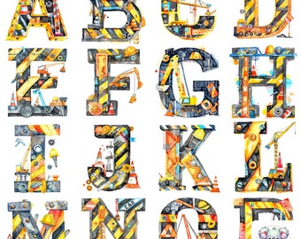 PNG creativi con alfabeto per feste di costruzione ad acquerello: 26 lettere uniche da 300 DPI per progetti fai da te, inviti e altro
