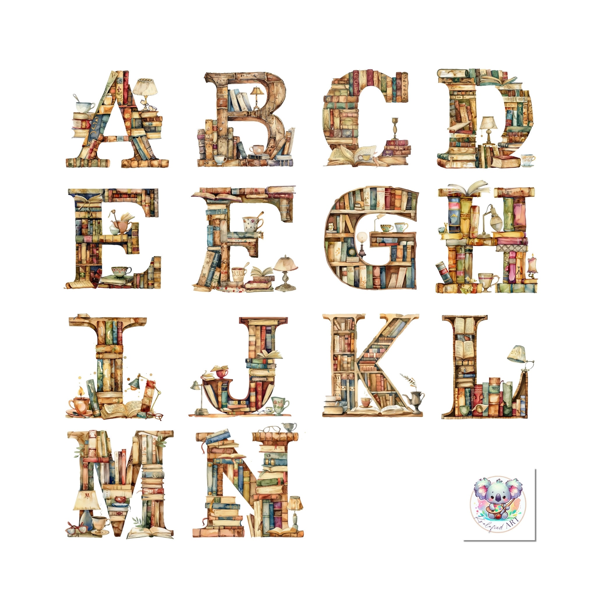 Set di clipart con alfabeto e libri vintage in acquerello (download digitale)