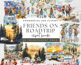 Friends Road Trip Clipart: 20 Watercolor PNGs Set, High-Resolution 300 DPI for Commercial Use