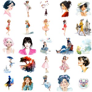 Retro Girly Trendy Clipart PNG, 40 Aquarell Y2K & 70er Jahre Ästhetik, transparente süße Mode-Icons für Scrapbooking und Craft Design