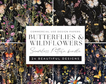 Botanische elegantie - vlinders en wilde bloemen naadloos digitaal papier - 300 dpi, 24 prints