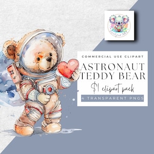 Astronaut Teddy Adventure - Conjunto de clipart de ursinho de pelúcia espacial - 4 clipart transparentes - Download instantâneo