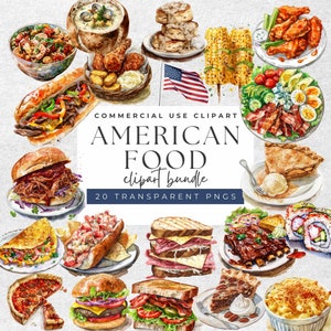 Coleção de clipart em aquarela do All-American Feast: pacote de 20 PNG | Transparente de 300 DPI para ilustrar livros de receitas ou diários alimentares