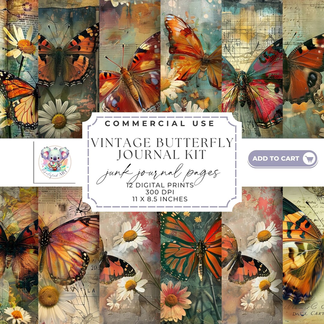Vintage Butterfly Junk Journal Pages: Printable Ephemera Kit (12 - 11x8 ...