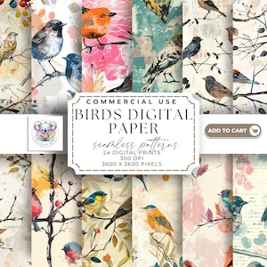 Charm Chirpy - Papier numérique motif oiseaux sans couture - 24 impressions, 300 ppp - Pour des créations DIY sur mesure, des cartes de voeux à la décoration intérieure