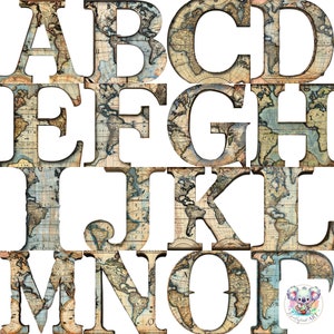 A-Z Map Alphabet Clipart - 26 Vintage Buchstaben mit Weltkarten - Ideal für Abenteuer-Dekor und Lern-Designs