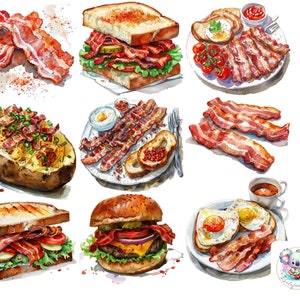 Aquarell Bacon Clipart PNG: 24 Leckere Bacon Illustrationen zum Basteln, Brunch Dekorieren und als Foodie Projekt