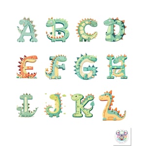Dino Decals - Vibrant Dinosaur Letter Alphabet Clipart - 26 Prehistoric PNGs for Creative Crafts, 300 DPI