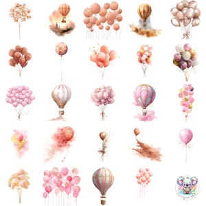 Rose Gold Glitter Ballon Clipart PNG, 45 Aquarell Ballons & Heißluftballons, transparente Party Art für Geburtstag, Hochzeit und Design