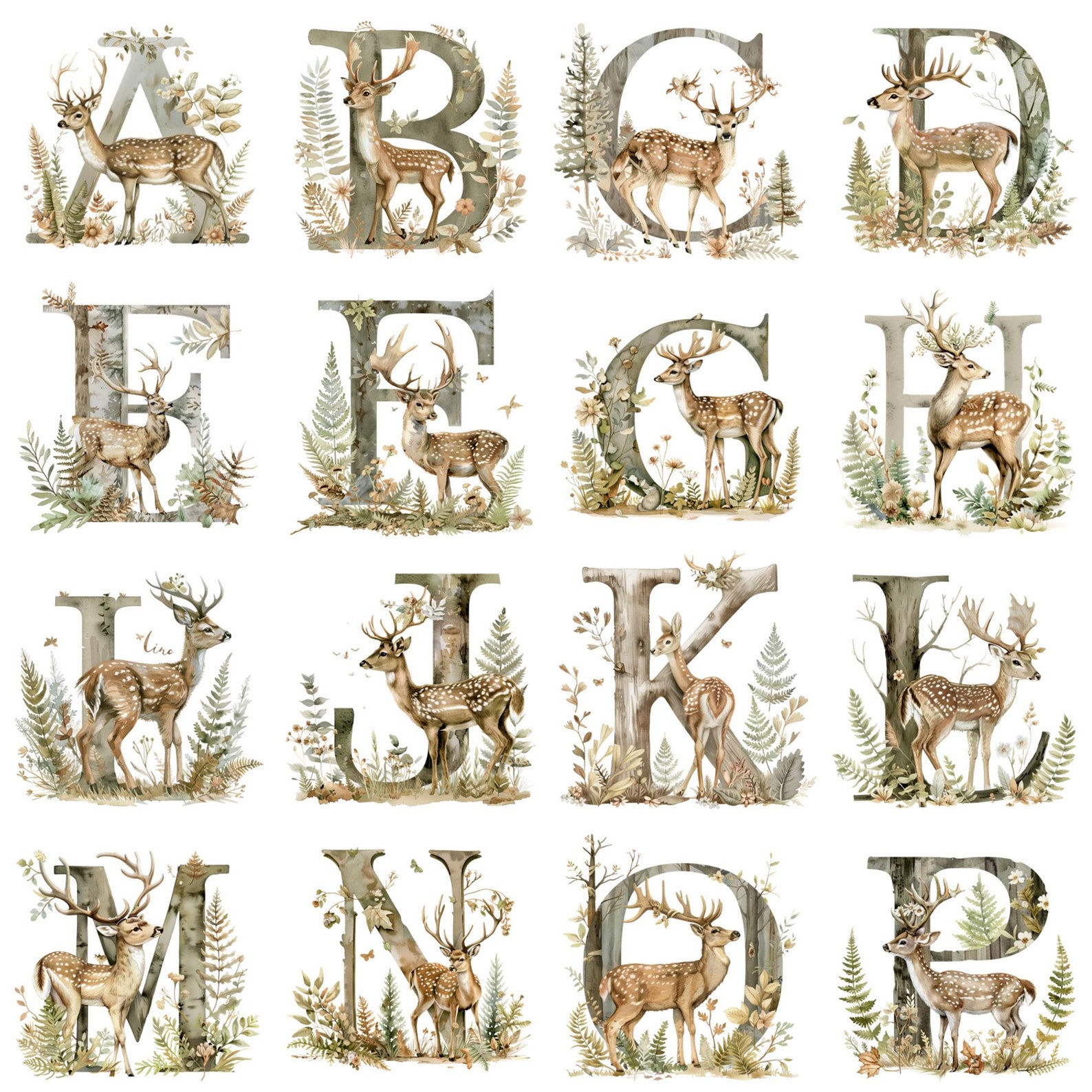 Watercolor Deer Alphabet Clipart: Rustic Woodland Letters (PNG Digital ...