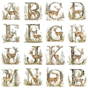 Acuarela Ciervo Letra Alfabeto Clipart PNG: Conjunto completo de 26 letras de alta calidad de 300 DPI para proyectos creativos y decoración rústica