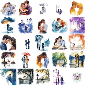 Novela romántica en acuarela (PNG), arte de pareja caprichoso, ilustraciones transparentes de historias de amor para libros, invitaciones y manualidades.