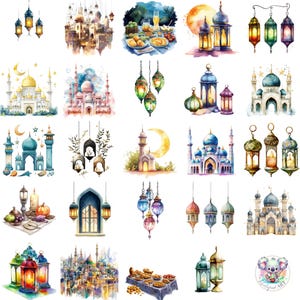 Op de afbeelding: Een verzameling aquarel illustraties met verschillende islamitische architectuurontwerpen, waaronder moskeeën, minaretten en lantaarns. De illustraties zijn in een traditionele stijl en bevatten ingewikkelde details. De illustraties zijn perfect voor gebruik in wenskaarten, uitnodigingen en andere decoratieve projecten.