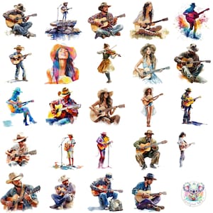 45 Clipart de cantor country em aquarela PNG, músicos rústicos transparentes com guitarras e chapéus de cowboy para artesanato e designs com tema de faroeste