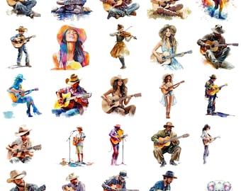 Watercolor Country Singer Clipart: Rustic Western Musicians (PNG Digital Download)