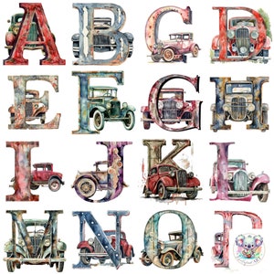 Vintage Car Alphabet Letters Clipart PNG: 26 imágenes de tipografía automática clásica - Descarga digital de alta resolución de 300 DPI