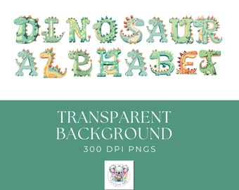 May include: Dinosaur alphabet clipart with a green, yellow, orange, and blue color scheme. The letters are made of cartoon dinosaurs. The text "Dinosaur Alphabet" and "Transparent Background 300 DPI PNGs" is displayed below the letters.