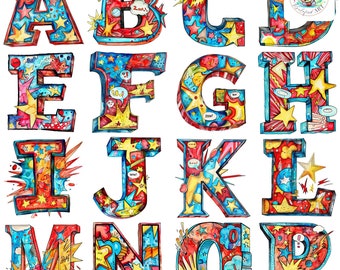Watercolor Comic Pop Art Alphabet Cliparts: 26 PNG Files (Digital Download)