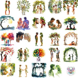 42 Watercolor Adam and Eve Clipart PNG, Transparent Romantic Nature Scenes with Trees, Fruits & Couples for Wedding and Biblical Designs
