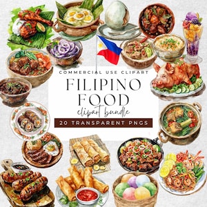 Watercolor Filipino Feast Clipart - 20 Exquisite Food PNGs | 300 DPI Transparent for Educational materials about Filipino cuisine
