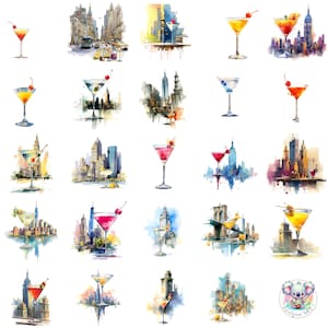 Clipart PNG di cocktail Manhattan, 26 acquerelli dello skyline di New York e arte del drink, decorazioni da bar trasparenti per feste, inviti e design artigianali