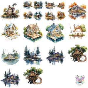 Aquarel Lakehouse-clipart png, transparante, gezellige hutkunst, grillige huizen aan het meer en schilderachtige ontwerpen voor ambachten en branding