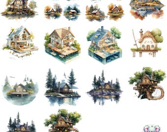 Watercolor Lakehouse Clipart: Cozy Cabin & Lakeside Home Designs (PNG)