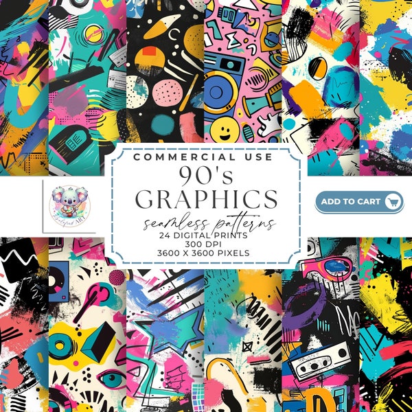 90s Graphics Seamless Pattern Collection: 24 Digital Papers, 300 DPI - Perfect for Crafts & Backgrounds