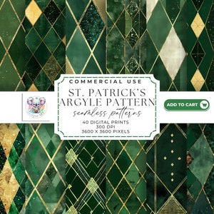 Irish Argyle Digital Patterns - St. Patrick&#39;s Bundle 40 Seamless Patterns, High-Resolution 300 DPI for Scrapbooking DIY Projects