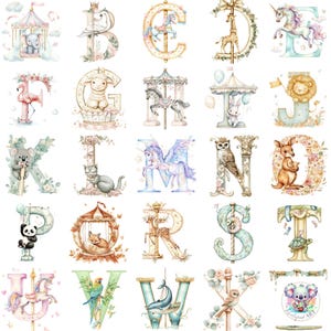 104 Letras do Alfabeto Animal Carrossel Clipart | Letras Caprichosas de A a Z em Aquarela | 4 Designs por Letra | Arte Digital de Alta Resolução