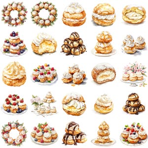 48 clipartcollectie Delicious Cream Puff - Illustraties zoet gebak voor National Cream Puff Day Celebrations en meer