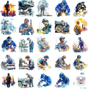 Op de afbeelding: Een aquarel-illustratie van 25 verschillende werknemers in verschillende beroepen, waaronder bouw, lassen, mechanica en meer. Elke werknemer is realistisch afgebeeld, met gedetailleerde kleding en gereedschap. De illustraties zijn op een witte achtergrond geplaatst.