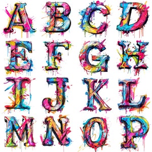 カラフルなグラフィティアルファベット文字クリップアートPNG：芸術的、都会的、ストリートスタイルのデザインに最適な26の詳細な300 DPIペイントドリップ文字