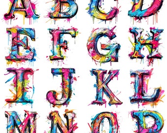 Clipart di lettere dell&#39;alfabeto graffiti colorati PNG: 26 lettere dettagliate con vernice a 300 DPI, perfette per design artistici, urbani e di strada.