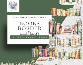 Watercolor Books Border Clipart: Bibliophile PNG Borders (Digital Download)