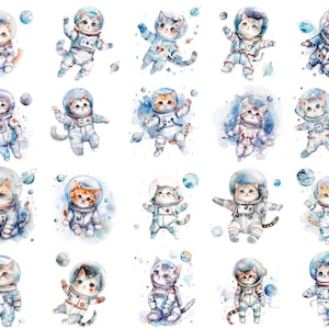 Clipart de gato astronauta em aquarela PNG: 20 ilustrações adoráveis de gato espacial de alta resolução e 300 DPI para artesanato, convites e decoração