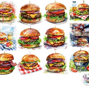 Aquarel hamburger clipart-png: 28 sappige hamburgerillustraties voor barbecuedecor, knutselwerkjes en picknickprojecten