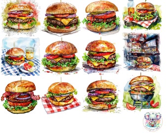 Watercolor Burger Clipart: 28 BBQ Illustrations (PNG Digital Download)