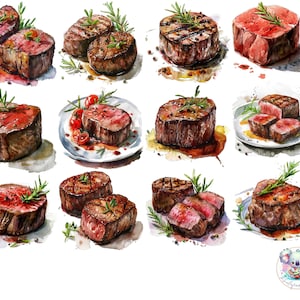 Aquarel filet mignon clipart-png: 24 heerlijke biefstukillustraties voor doe-het-zelf, culinaire decoratie en projecten met voedselthema