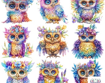 Magical Owl Cliparts: Whimsical Floral Illustrations (PNG, 300 DPI)