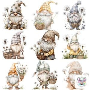 24 Standalone Watercolor Dandelion Gnome Clipart - High-Resolution 300 DPI PNGs for DIY Projects and Crafts