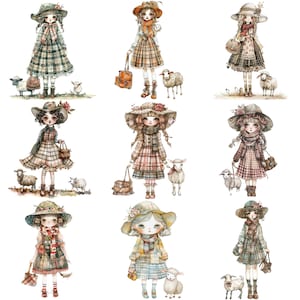 Clipart vintage fille et agneau PNG : 20 charmantes illustrations aquarelles pour sublimation, travaux manuels et décoration de ferme