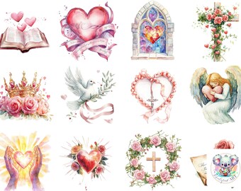 Christian Valentine Watercolor Clipart: Faith & Love PNGs (Digital Art)