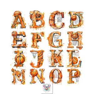 Basketball-Themed ABCs - Watercolor Letter Alphabet Clipart Collection for Printables for sports events and tournaments