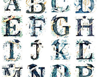 Watercolor Graduation Letter Clipart: 26 PNG Alphabet Designs (300 DPI)